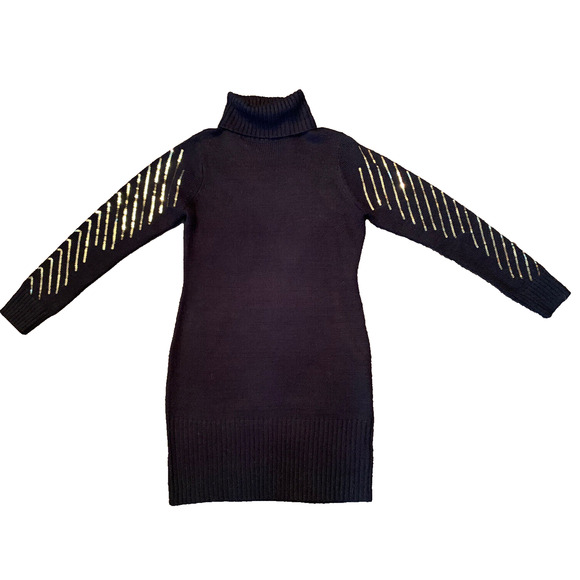 Say What? Dress Womens Medium Black wGold Sequined Sleeves Turtleneck Sweater - Picture 1 of 11